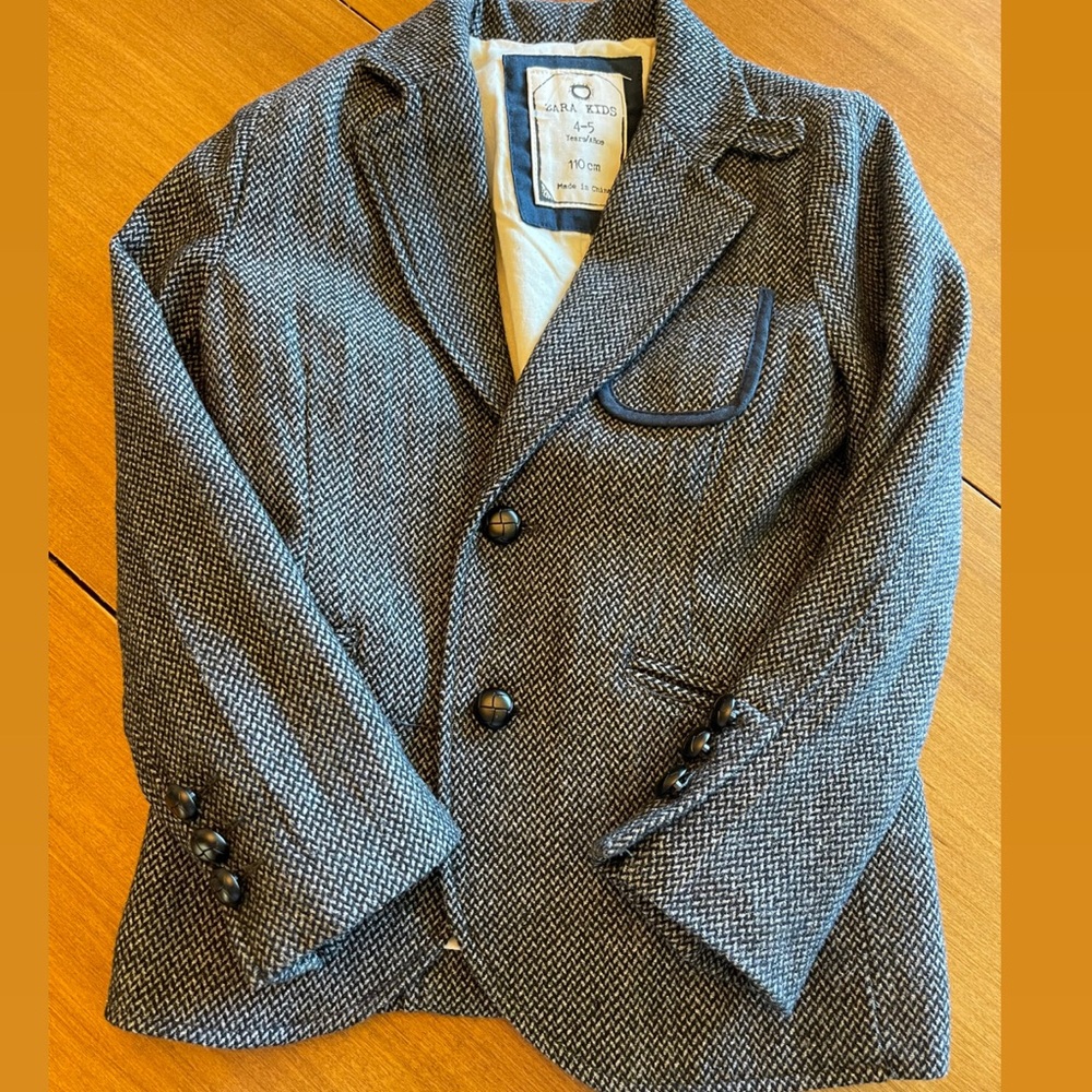 Zara Kids houndstooth cotton blazer lined grey navy trim